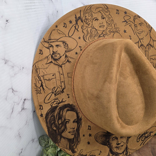Country Music Lover Hat, Laser Engraved Wide Brim Hat