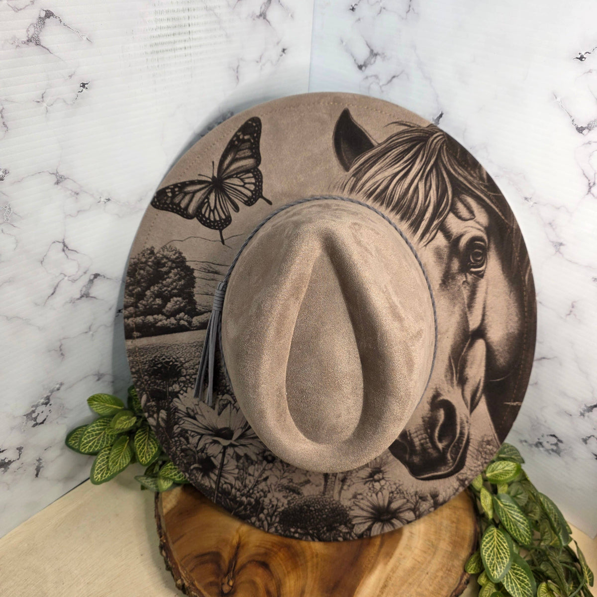 Horse & Butterfly Engraved Western Wide Brim, Statement Hat