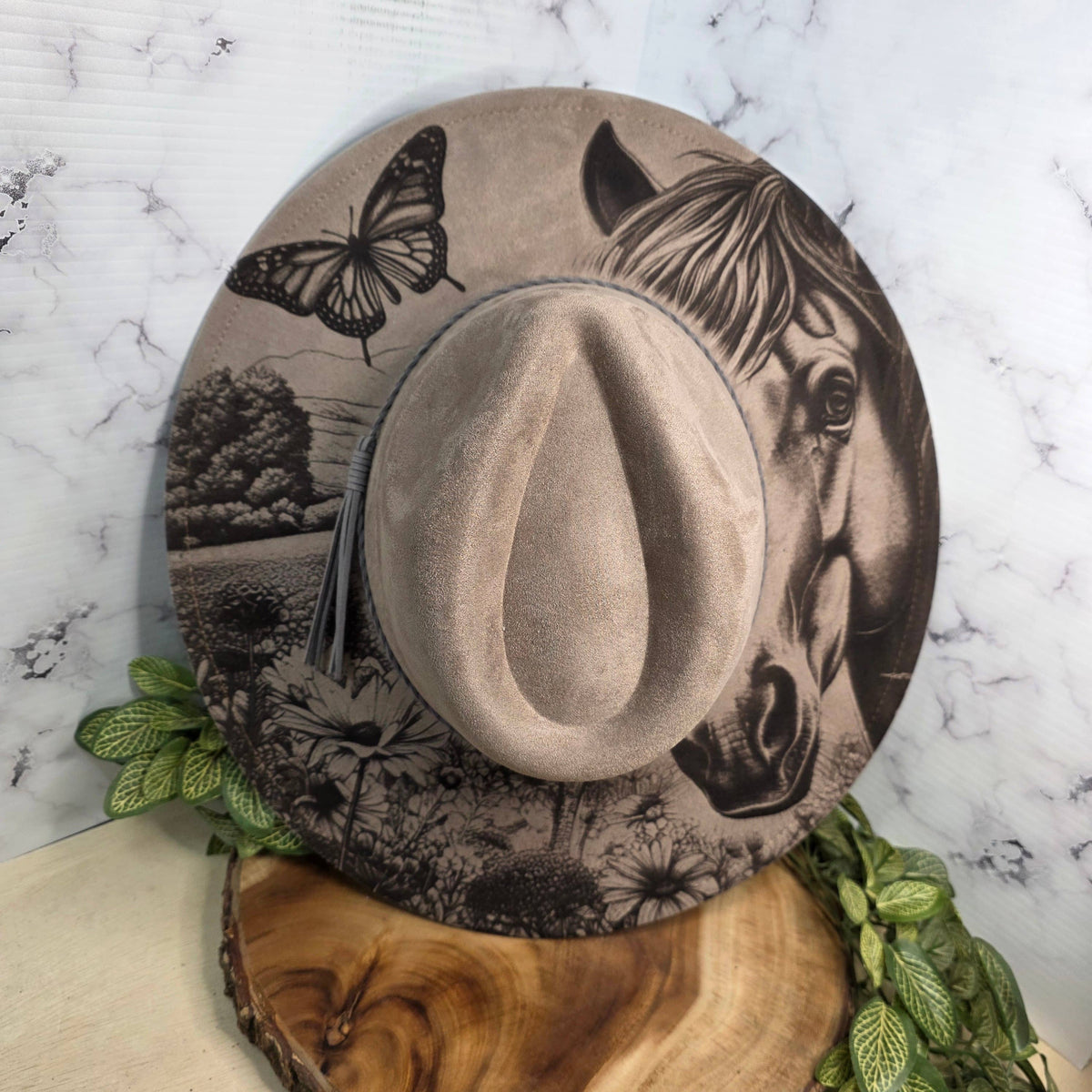 Horse & Butterfly Engraved Western Wide Brim, Statement Hat