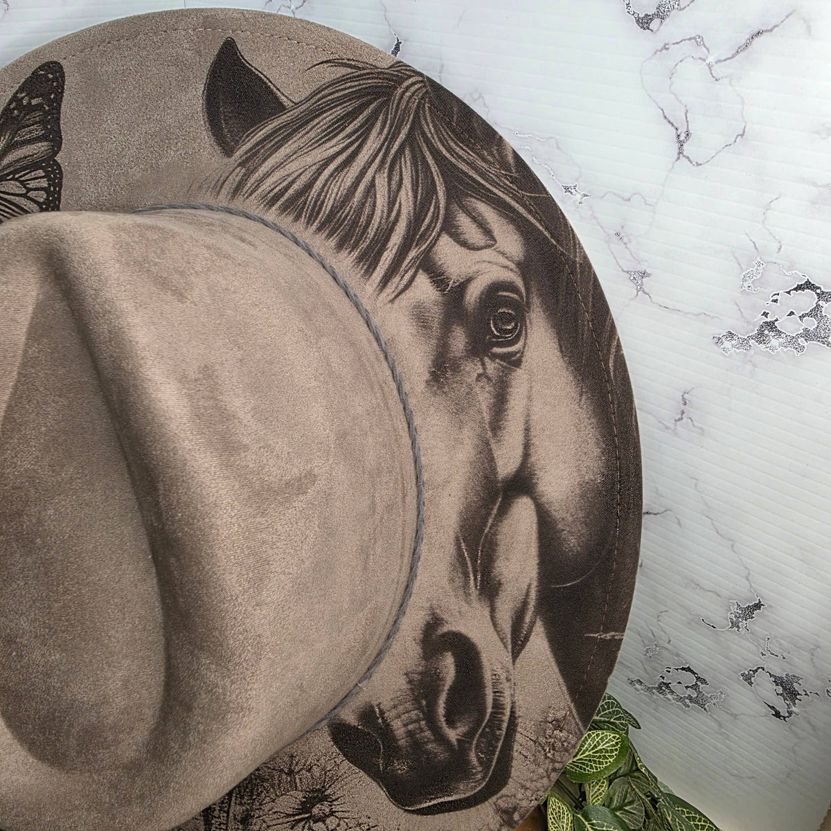 Horse & Butterfly Engraved Western Wide Brim, Statement Hat