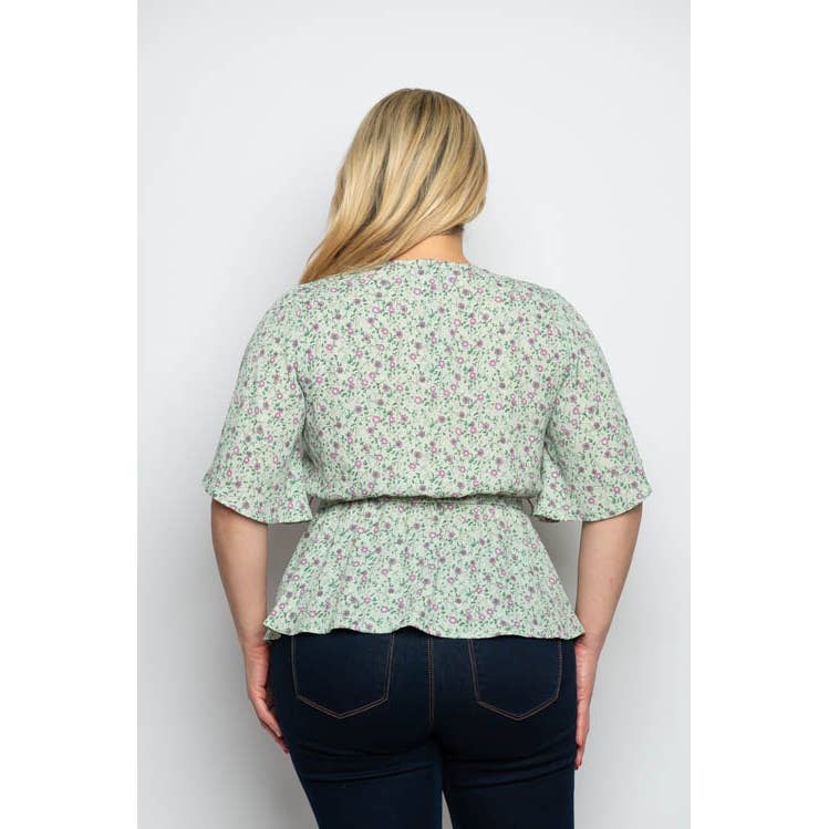 DITSY FLORAL PRINT SURPLICE TIE WAIST PEPLUM BLOUS