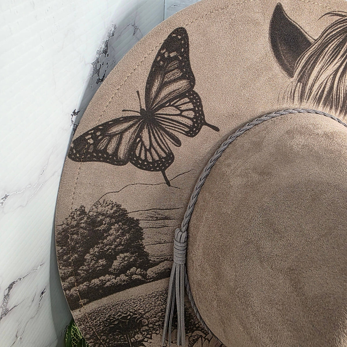 Horse & Butterfly Engraved Western Wide Brim, Statement Hat