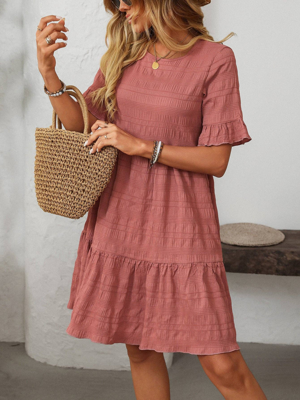 Textured Smocked Short Sleeve Tiered Midi Dress