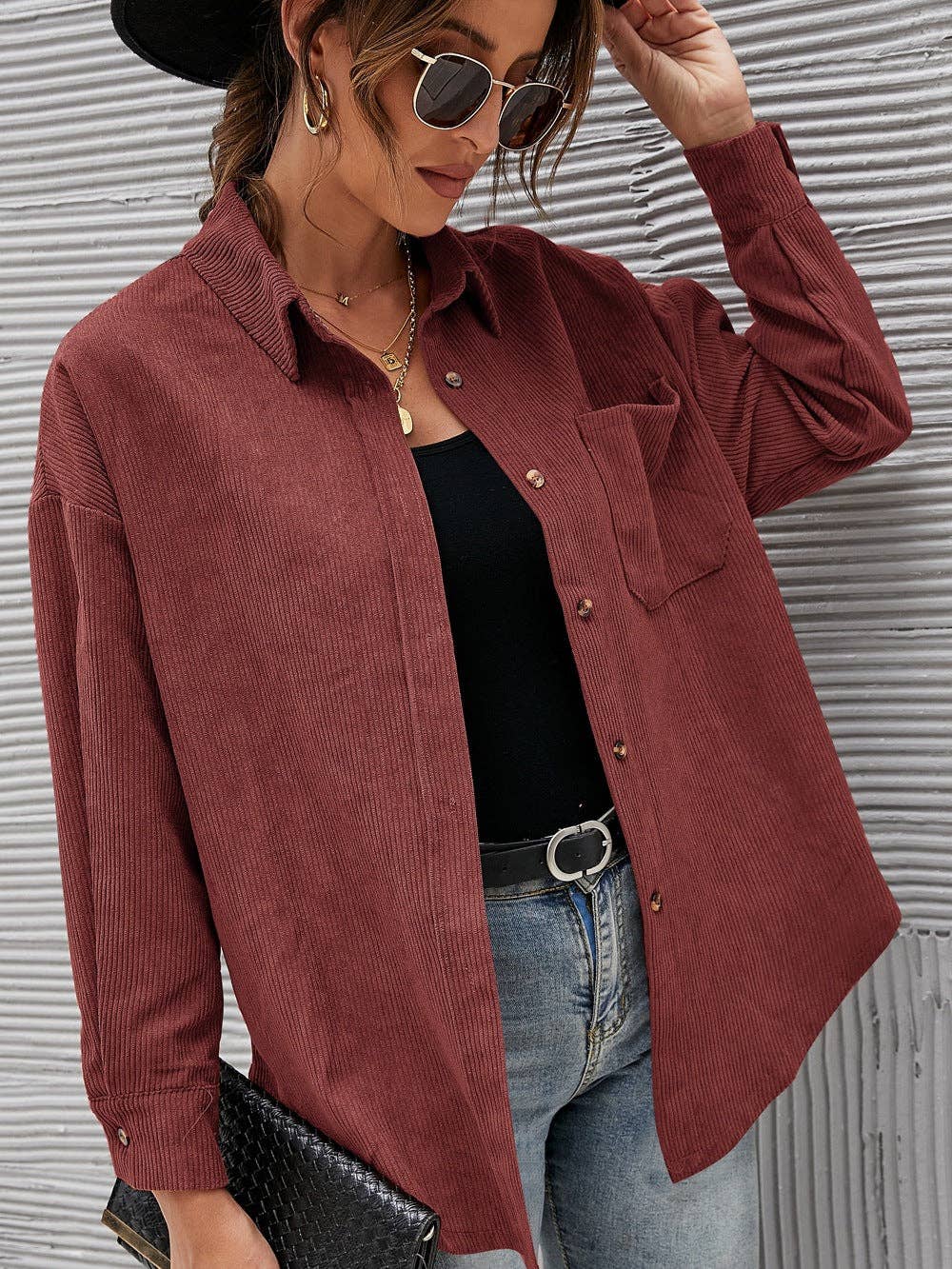 Oversized Corduroy Button-Up Shirt with Chest Pocket